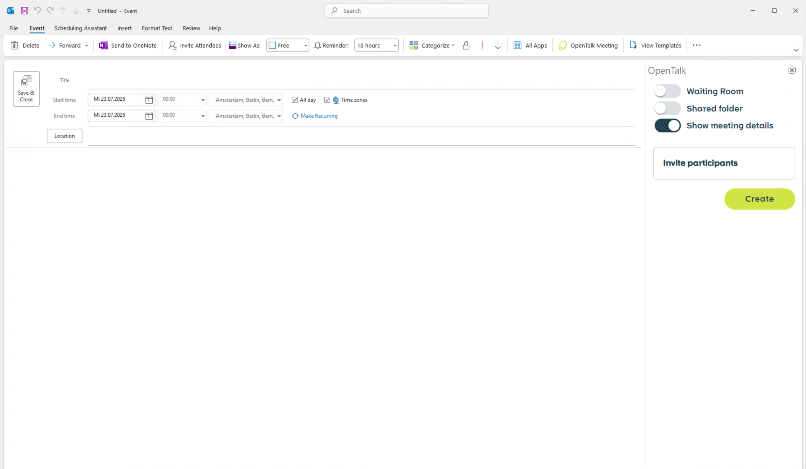 Screenshot eines Outlook-Kalendereintrags mit eingebundenem OpenTalk-Add-in. Im linken Bereich ist das Standardfenster zur Erstellung eines Termins sichtbar, mit Feldern für Titel, Start- und Endzeit sowie Zeitzone. Rechts ist das OpenTalk-Add-in eingeblendet. Dort lassen sich Optionen wie „Waiting Room“, „Shared folder“ und „Show meeting details“ aktivieren. Darunter befindet sich eine Schaltfläche „Invite participants“ und ein grüner „Create“-Button zur Erstellung eines Meetings.