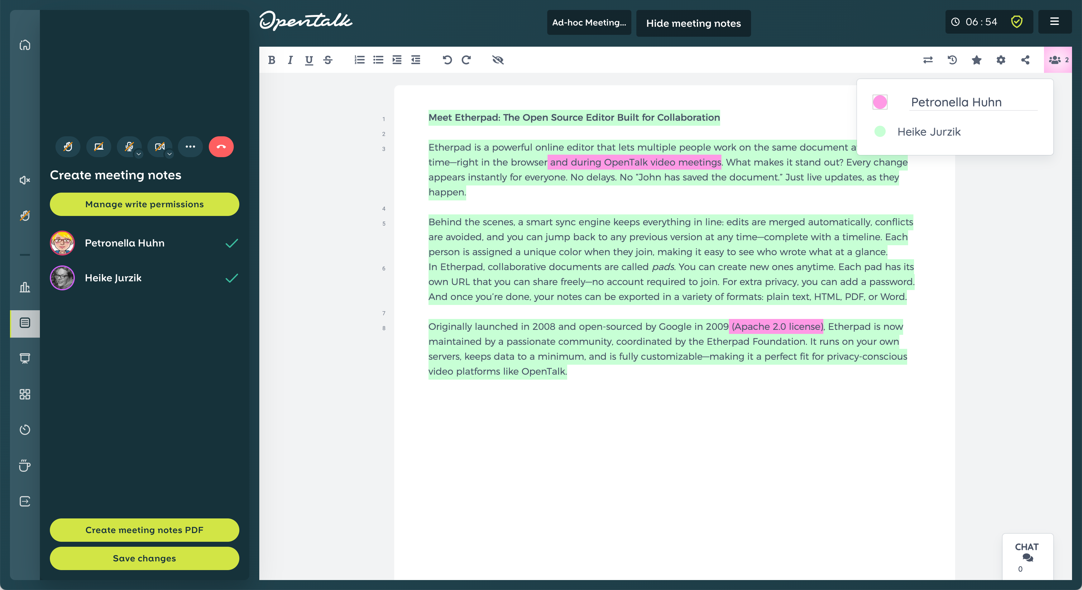 Etherpad in OpenTalk