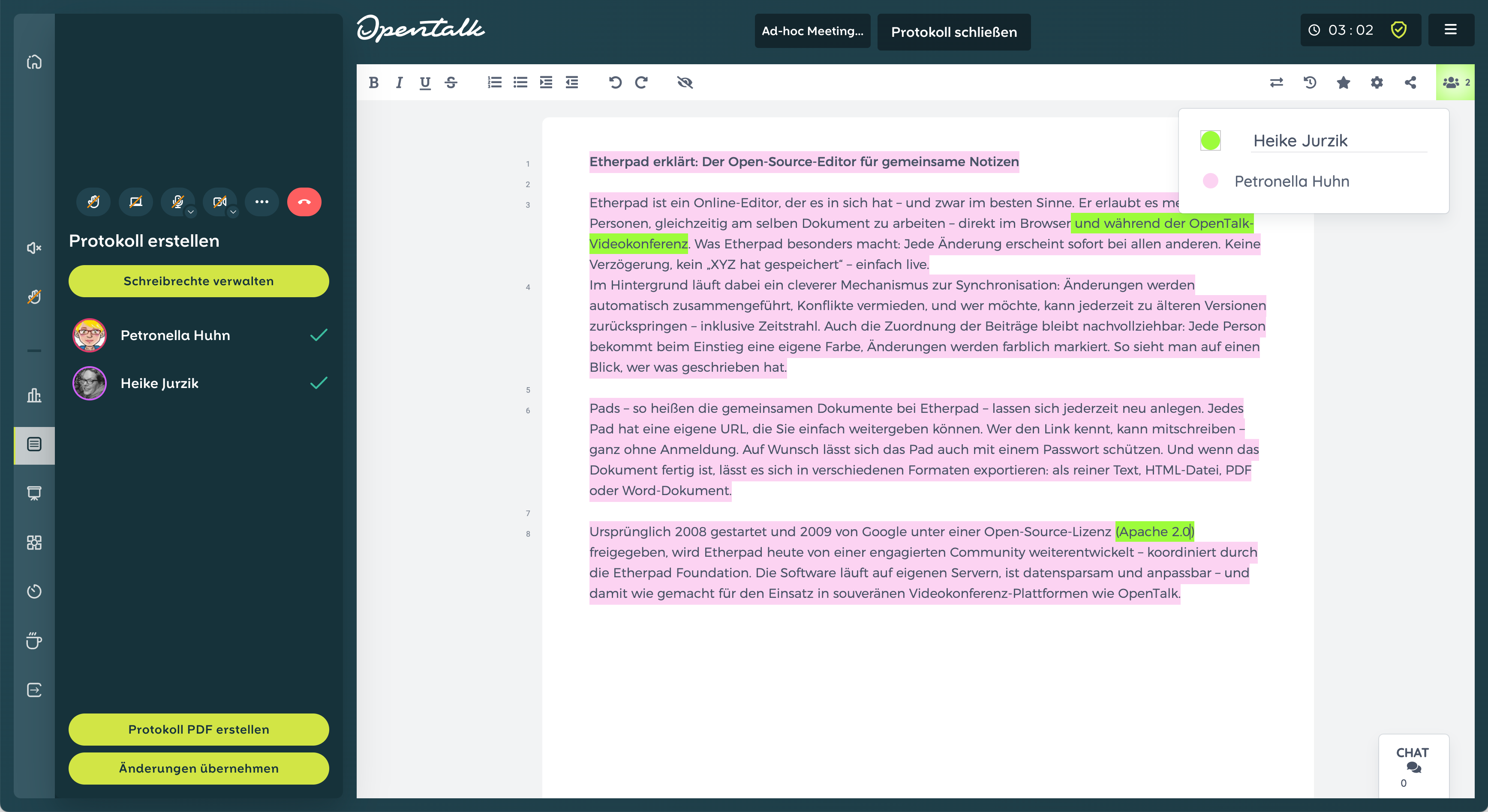 Darstellung des Etherpads in OpenTalk